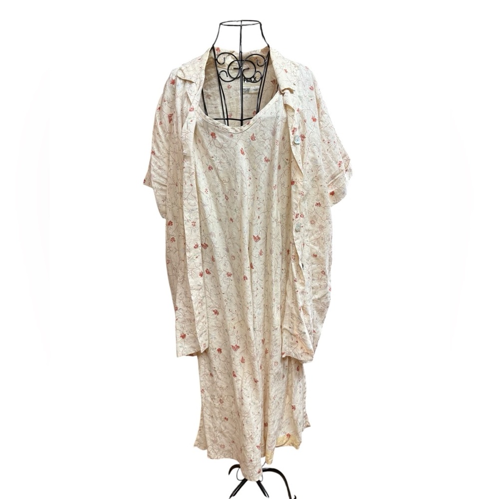 FLAX Cream Linen Dress Set with Pink & Pale Blue Floral Accents Large